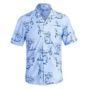 Men's 3XL Hawaiian Shirt Light Blue Tropical Print Hula Dancers Palm Trees‎